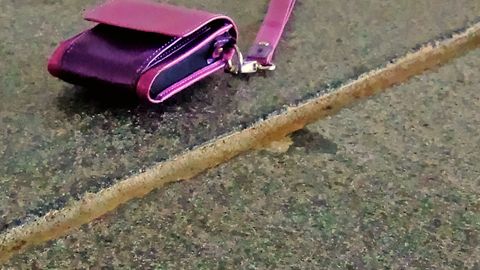 A purple purse lying on a concrete ledge beside water