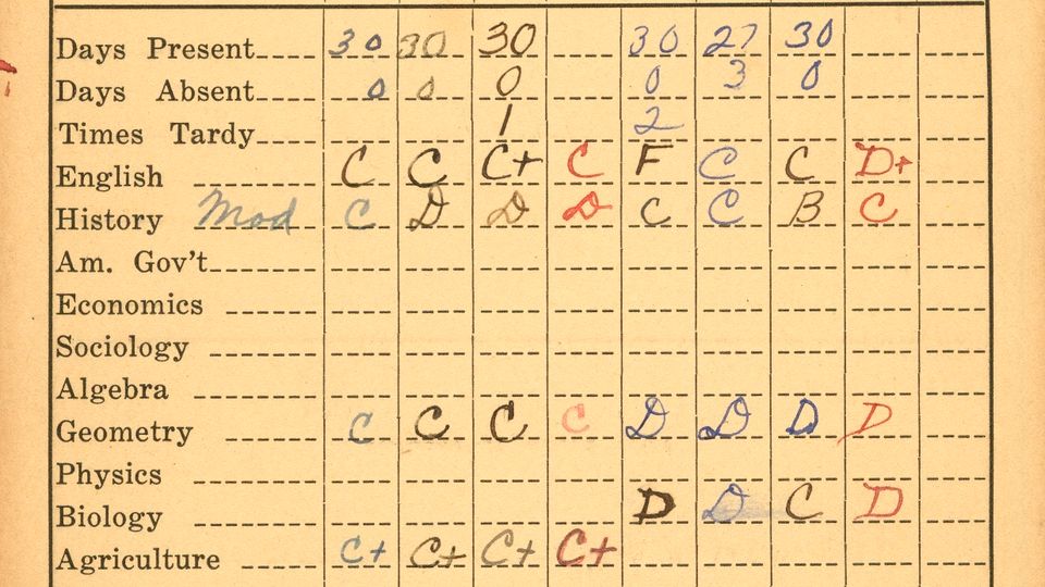 An old school report card with handwritten grades