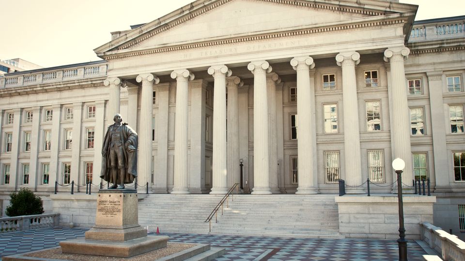 The U.S. Treasury Building in Washington with its columned south front